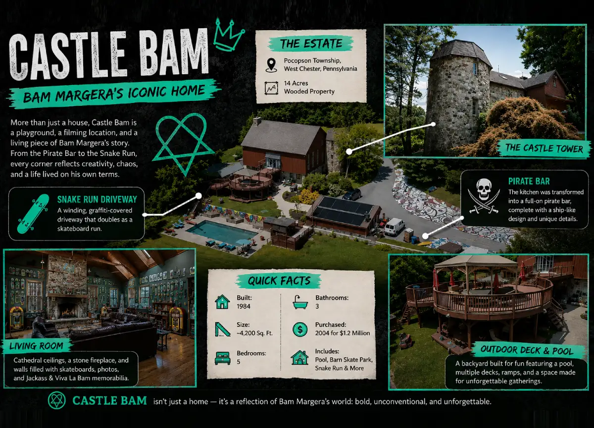 Castle Bam infographic showing Bam Margera's house, Snake Run, living room, pool, and property features