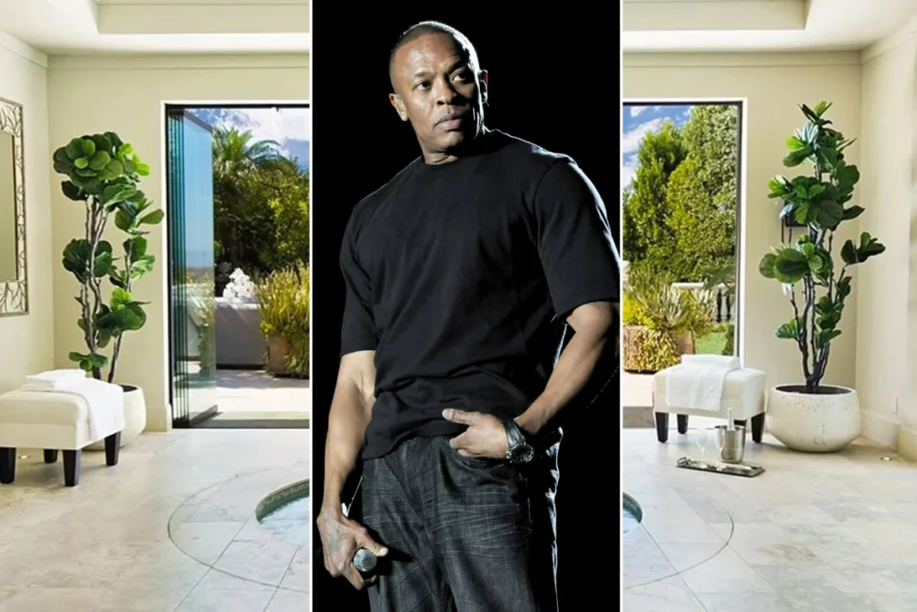 Aerial or interior view of Dr. Dre's luxury mansion in Los Angeles showcasing modern architecture, expansive grounds, and premium design features