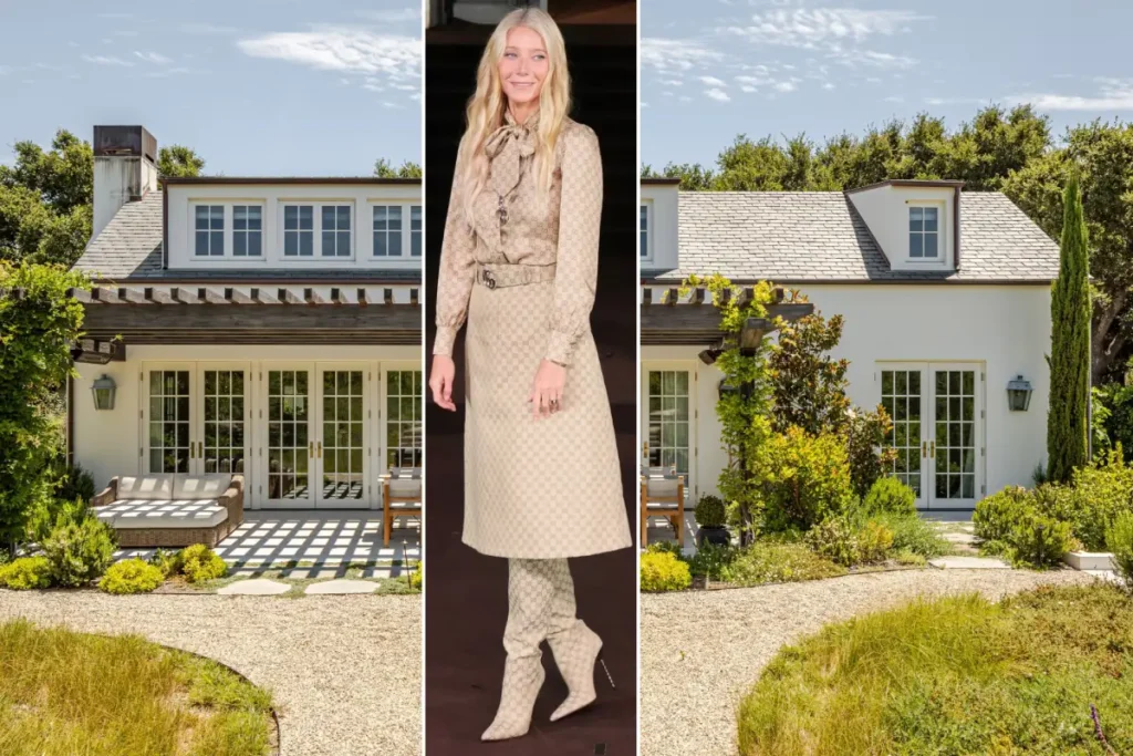 Modern exterior view of Gwyneth Paltrow's luxury house featuring elegant architecture and landscaped surroundings.