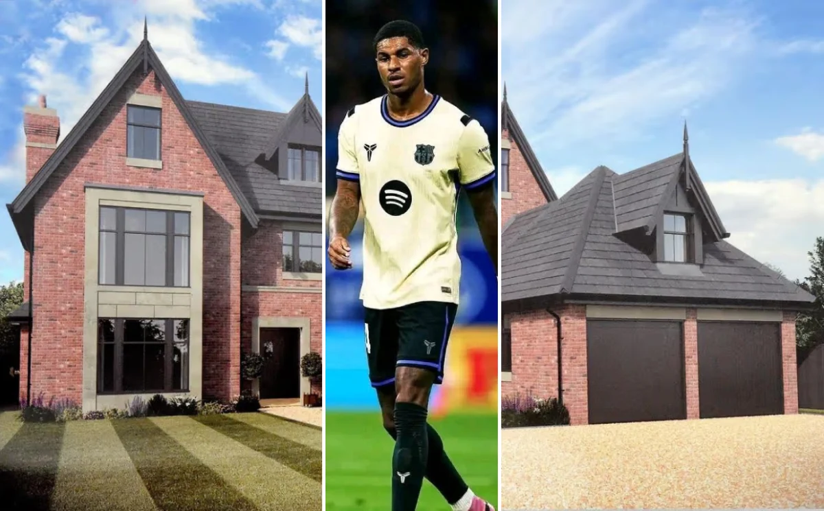 Inside view of Marcus Rashford's new luxury house showing modern interior design, premium furnishings, and spacious living areas