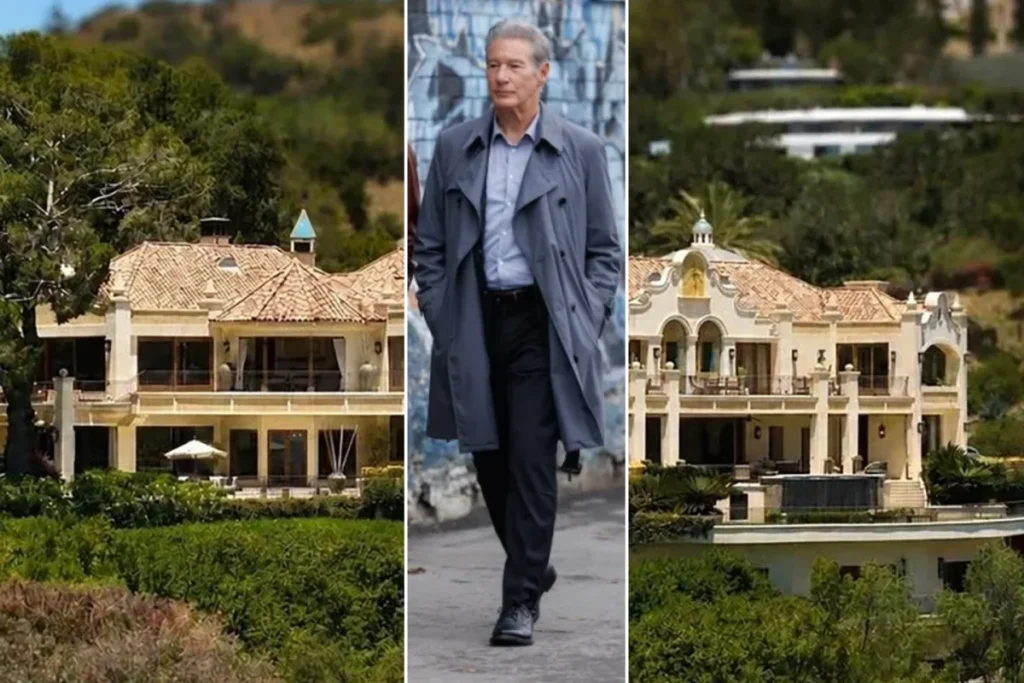 Exterior view of Richard Gere's luxury house featuring classic architecture and lush landscaping