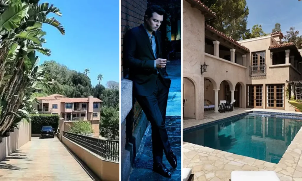 Exterior view of Seth MacFarlane's Beverly Hills Post Office estate, a Mediterranean-style mansion expanded to over 10,000 square feet and home to the world's first private IMAX theater system