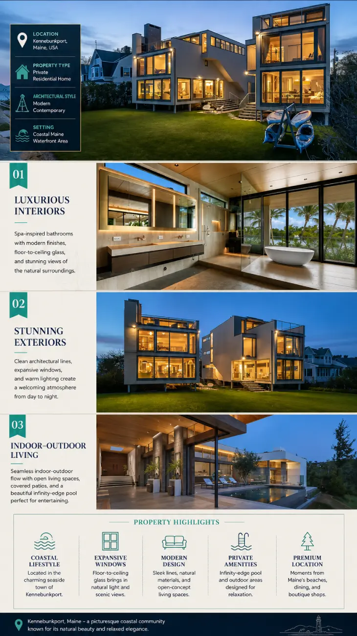 Infographic showcasing Patrick Dempsey house in Kennebunkport, Maine, with modern exterior, luxury interiors, and outdoor living spaces