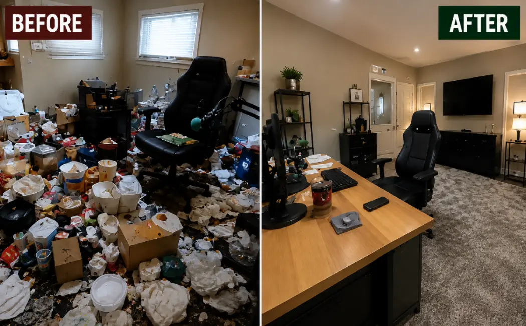 Asmongold house before and after, showing the cluttered room and its cleaned-up transformation