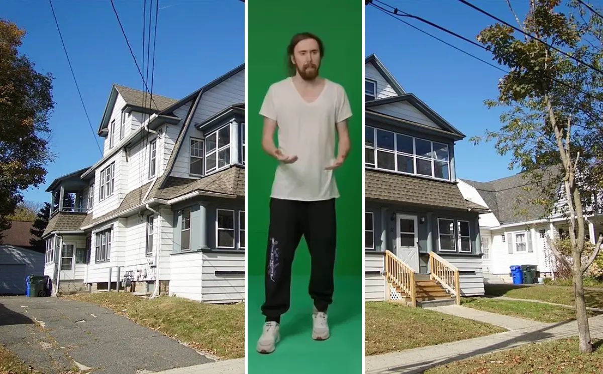 Asmongold standing in his modest Austin Texas home with wood-paneled walls during a house tour.