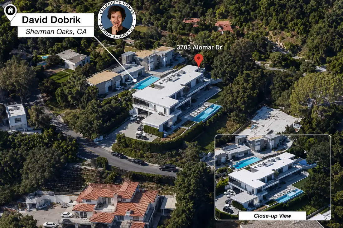 Map showing the location and address of David Dobrik's house in Sherman Oaks, Los Angeles