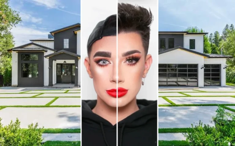 Inside James Charles's $7 million Encino, California mansion showcasing the grand foyer with curved staircase, geometric chandeliers, and marble flooring