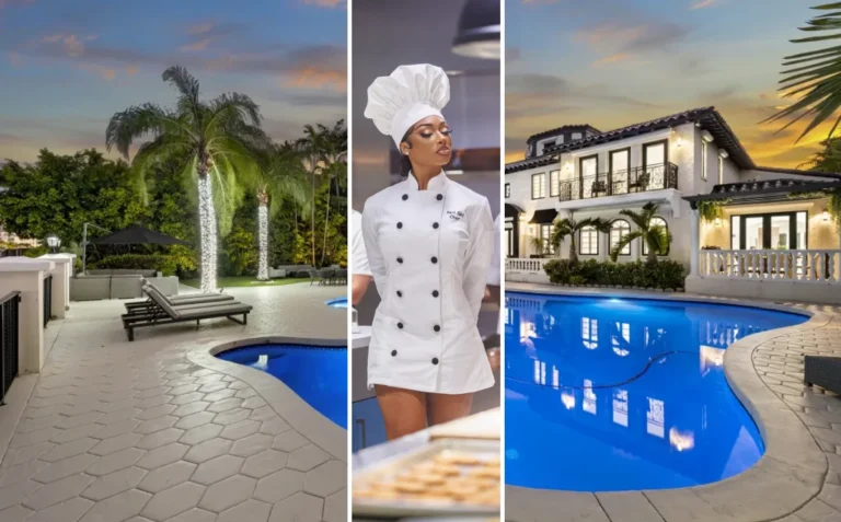 Megan Thee Stallion's house showcasing her kitchen and living space, featuring the glass-paneled pantry and built-in cabinets covered by design press