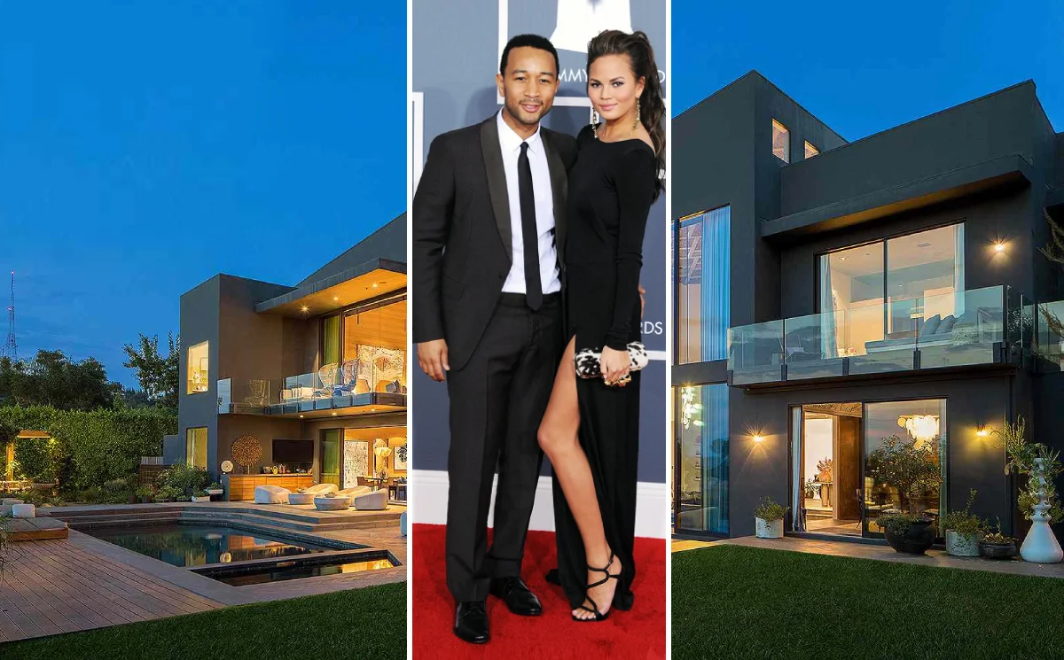 Chrissy Teigen and John Legend standing in their Beverly Hills home designed by Jake Arnold with family-friendly luxury interiors