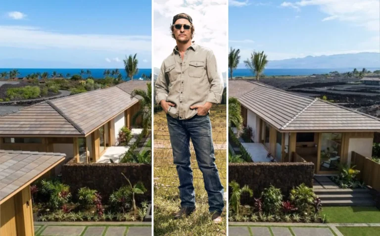 A view of Matthew McConaughey's lakefront Austin mansion with infinity pool and Lake Austin in the background.
