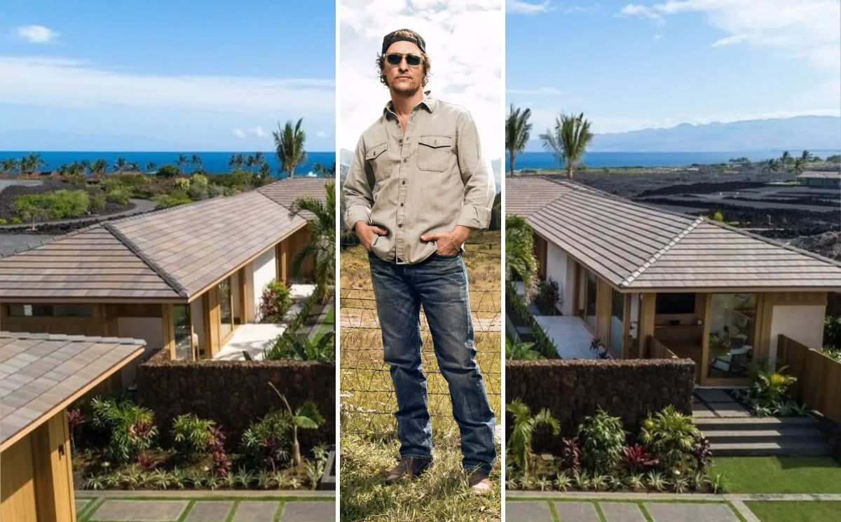 A view of Matthew McConaughey's lakefront Austin mansion with infinity pool and Lake Austin in the background.