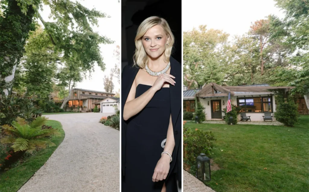 Reese Witherspoon Nashville house tour showcasing the elegant farmhouse-style exterior of her $18 million Music City estate with classic Southern architecture and lush green surroundings.