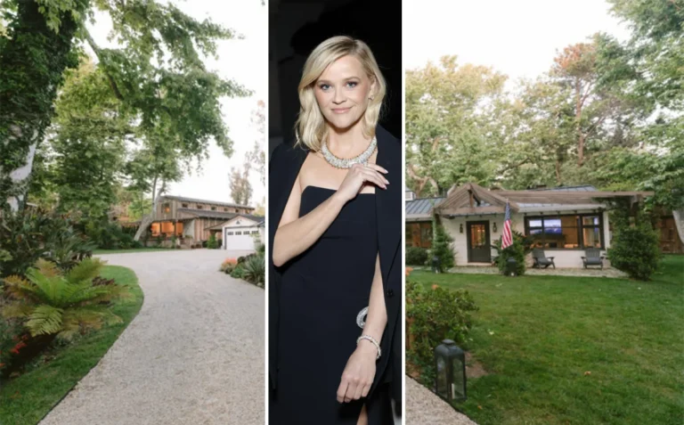 Reese Witherspoon Nashville house tour showcasing the elegant farmhouse-style exterior of her $18 million Music City estate with classic Southern architecture and lush green surroundings.