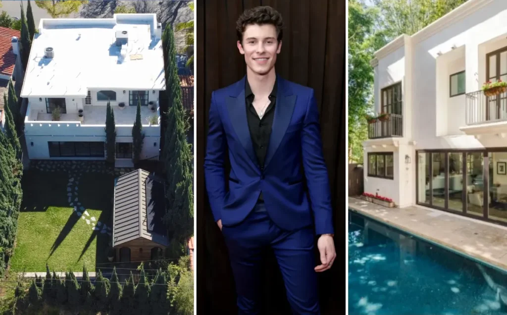 Shawn Mendes alongside views of his modern luxury home and swimming pool