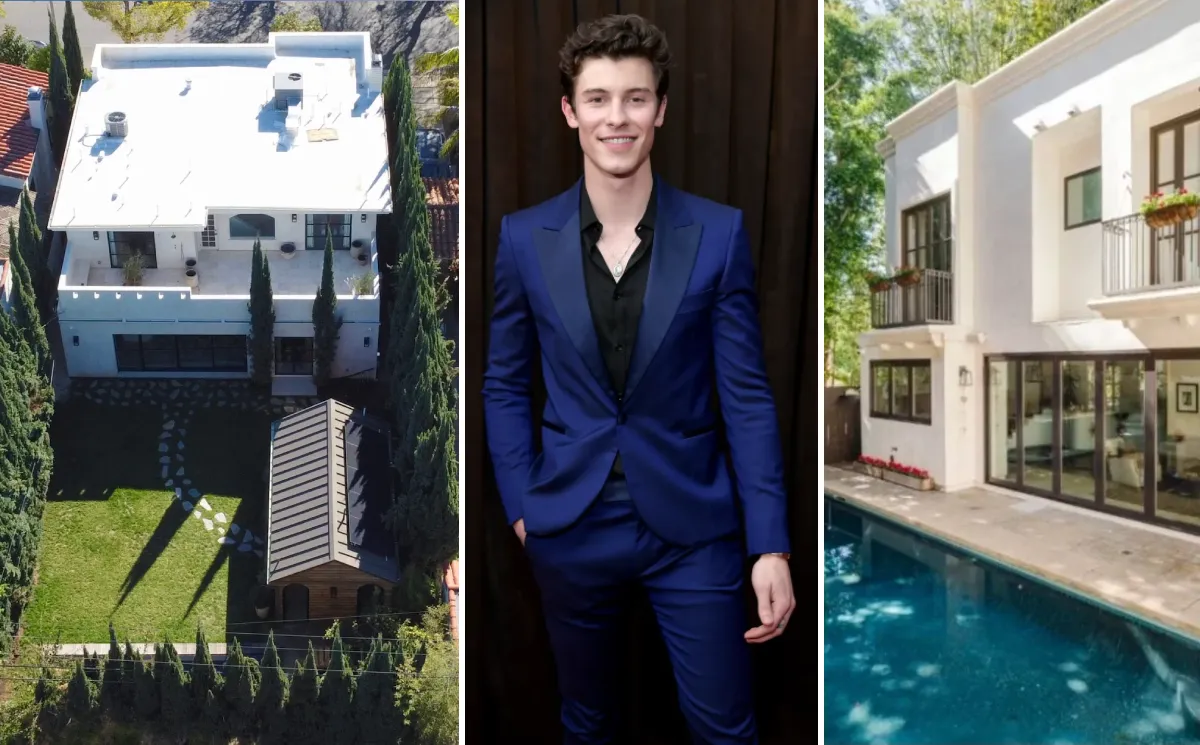 Shawn Mendes alongside views of his modern luxury home and swimming pool