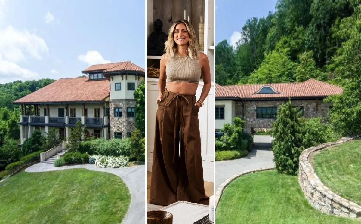 Kristin Cavallari’s private Nashville home tour featuring a spacious open-plan living area, floor-to-ceiling windows, and serene woodland views.