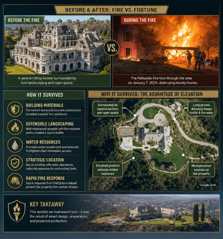Infographic showing how a hilltop mansion survived the 2025 Palisades Fire through its elevated location, fire-resistant construction, defensible landscaping, water resources, and firefighter response