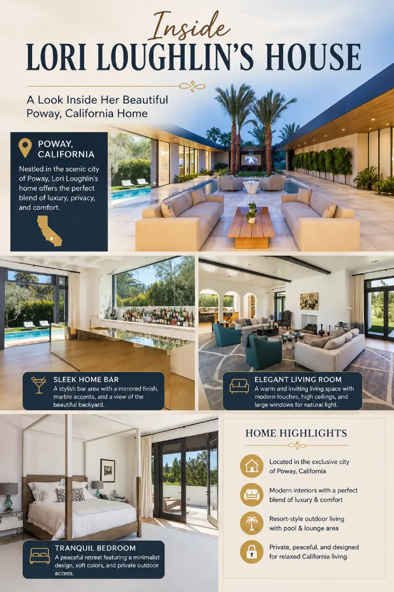Inside Lori Loughlin's house in Poway, California, featuring elegant living spaces, a home bar, bedroom, pool, and resort-style outdoor area.