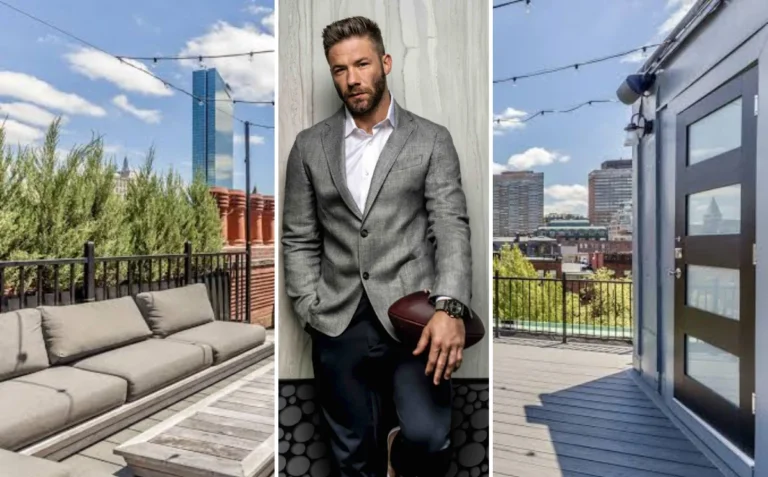 Julian Edelman standing outside his modern Brentwood mansion in Los Angeles during an exclusive house tour