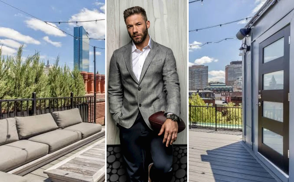 Julian Edelman standing outside his modern Brentwood mansion in Los Angeles during an exclusive house tour