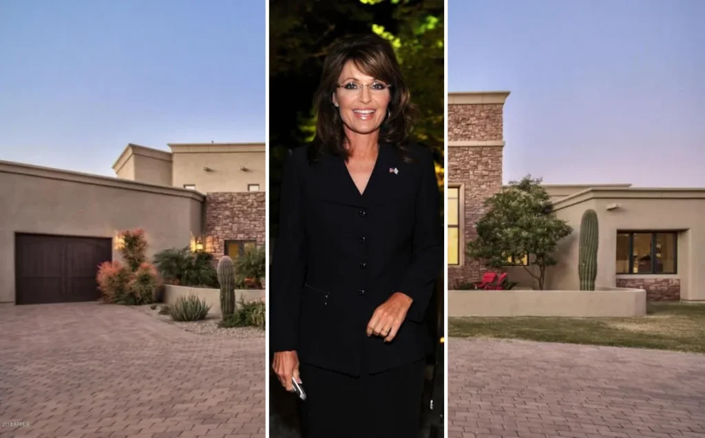 A view of Sarah Palin house in Arizona, showcasing the Mediterranean-style Scottsdale mansion with desert landscaping and gated entrance