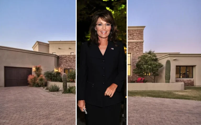 A view of Sarah Palin house in Arizona, showcasing the Mediterranean-style Scottsdale mansion with desert landscaping and gated entrance