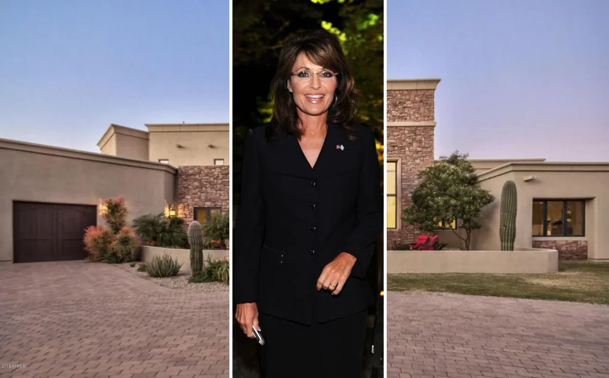 A view of Sarah Palin house in Arizona, showcasing the Mediterranean-style Scottsdale mansion with desert landscaping and gated entrance