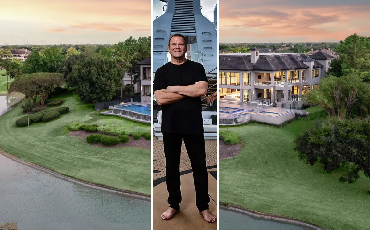 Tilman Fertitta’s sprawling River Oaks mansion in Houston, Texas, featuring a limestone-and-brick exterior surrounded by mature live oaks