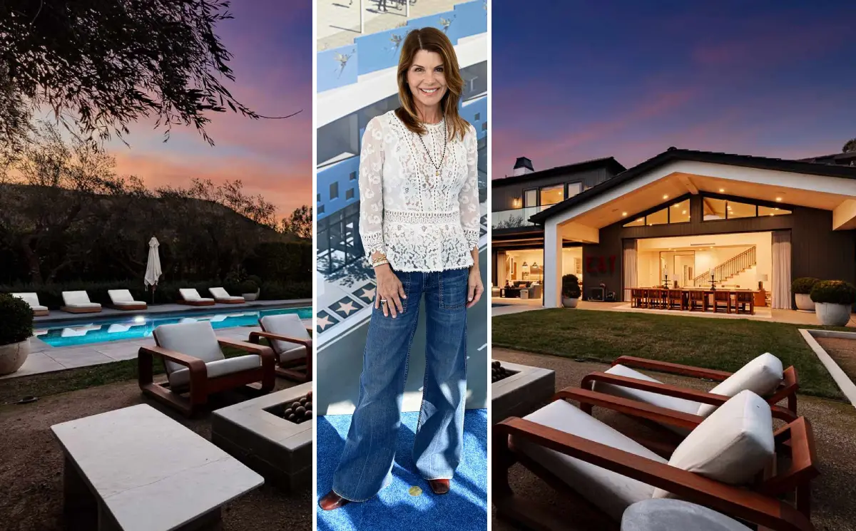 Lori Loughlin's modern farmhouse mansion in Hidden Hills, Los Angeles, featuring contemporary architecture with maple floors, high ceilings, and scenic mountain views.