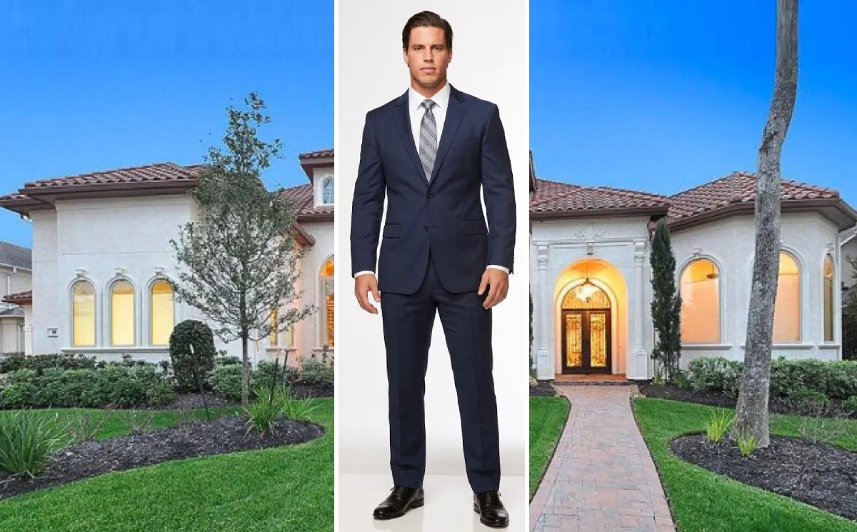 Brian Cushing’s luxurious Mediterranean-style house in Missouri City, Houston, featuring a lakefront pool and spa