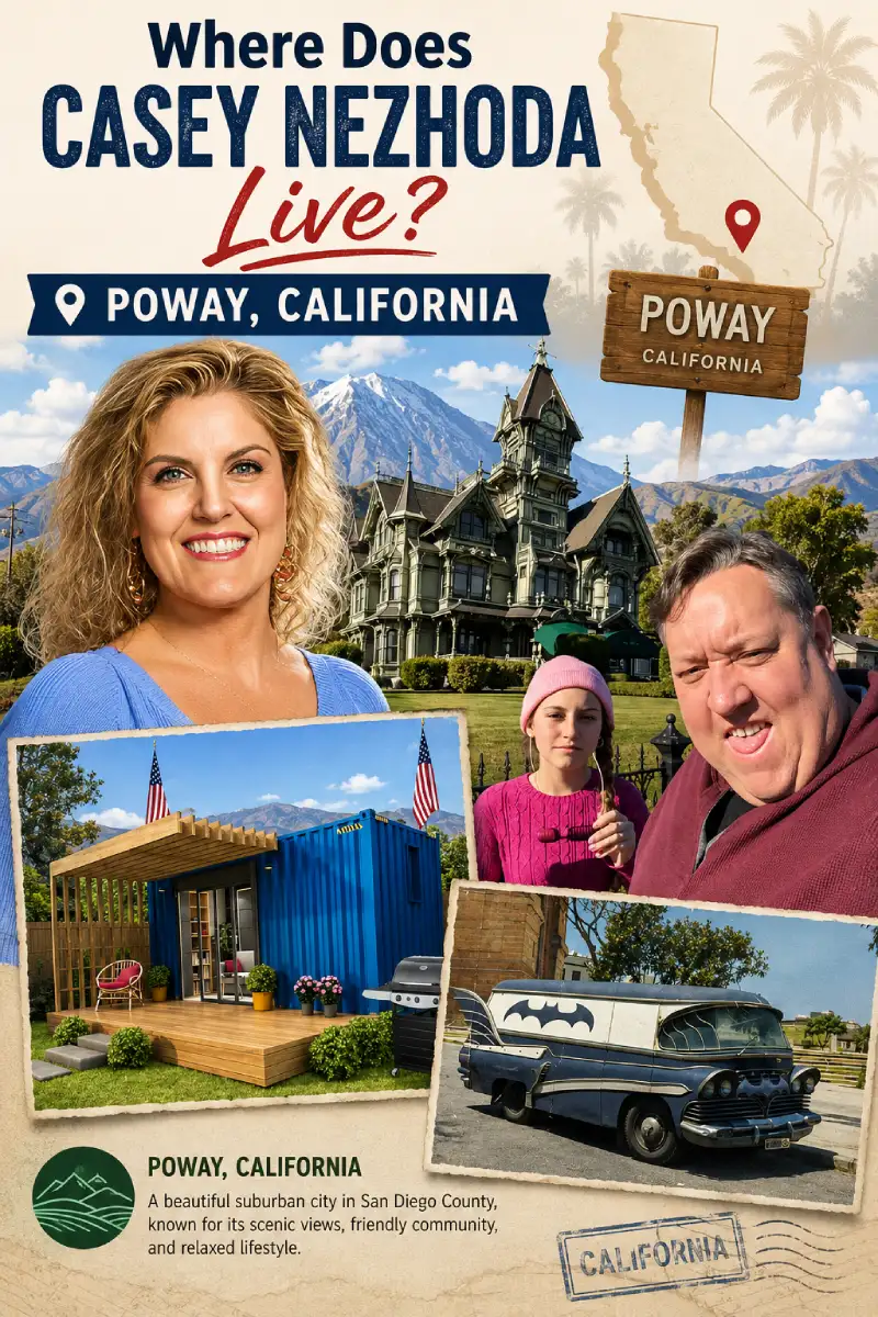 Infographic showing Casey Nezhoda and visual highlights of Poway, California, including a home, scenic landscape, and related lifestyle imagery.