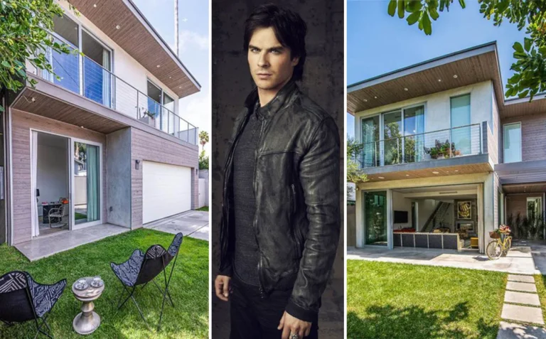 Exterior view of Ian Somerhalder's eco-friendly contemporary house in Venice, California with modern glass walls and sustainable design