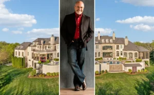 Aerial view of Dave Ramsey's French chateau-style mansion in Franklin, Tennessee, showcasing the sprawling hilltop estate and surrounding lush greenery.