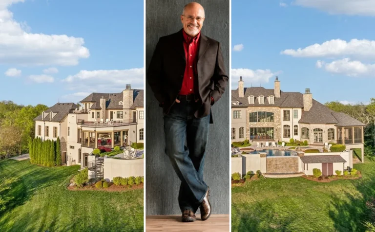 Aerial view of Dave Ramsey's French chateau-style mansion in Franklin, Tennessee, showcasing the sprawling hilltop estate and surrounding lush greenery.