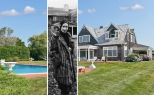 A photo of the restored Grey Gardens house in East Hampton, the historic mansion once home to Big Edie and Little Edie Beale, now renovated to its former Gilded Age glory.