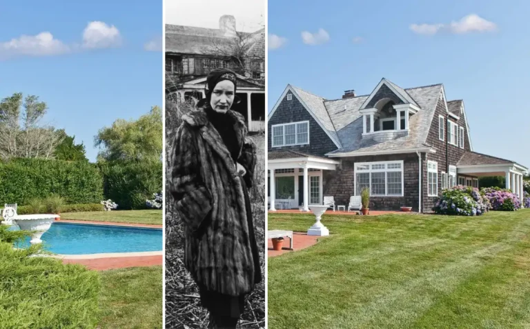 A photo of the restored Grey Gardens house in East Hampton, the historic mansion once home to Big Edie and Little Edie Beale, now renovated to its former Gilded Age glory.