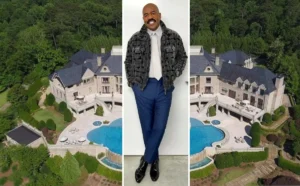 Steve Harvey's luxurious $15 million mansion in Atlanta, Georgia, featuring a grand entrance with marble floors and crystal chandelier