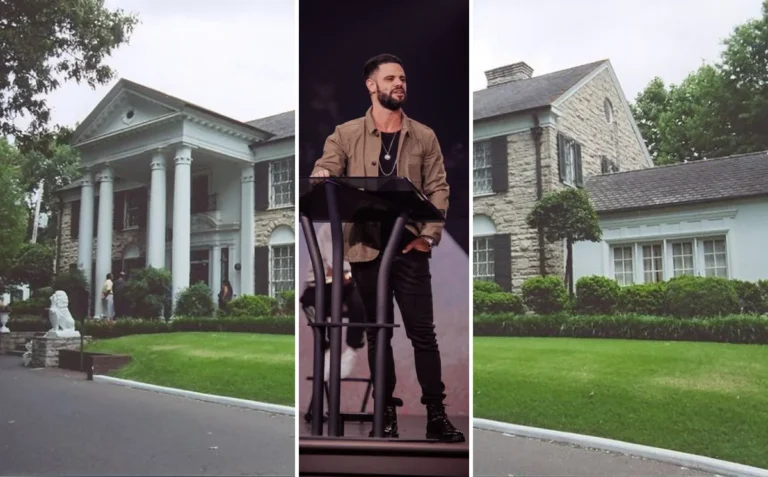 Aerial view of the exterior of Pastor Steven Furtick's large mansion house, nestled on a wooded 19-acre estate in Waxhaw, North Carolina.