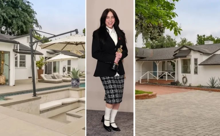 Billie Eilish house tour showing the exterior of her $3 million gated Los Angeles mansion with high security walls and surveillance cameras