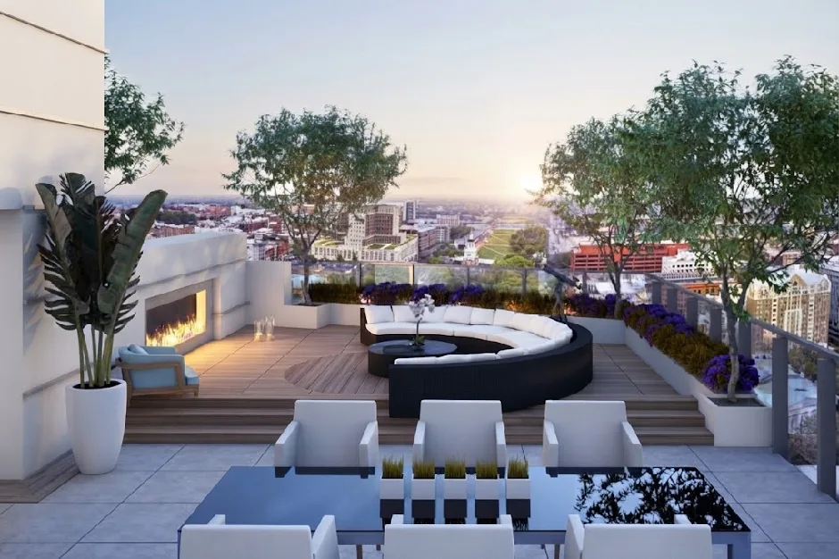 Illustrative rooftop terrace with city views, not the actual Tribeca penthouse
