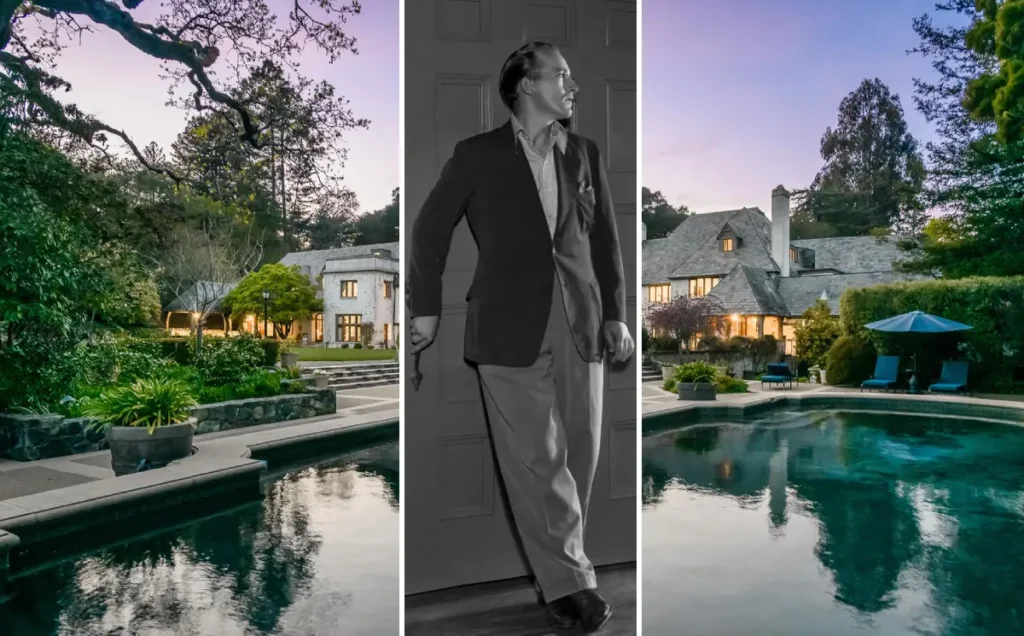 Bing Crosby pictured with a historic estate and pool associated with his homes