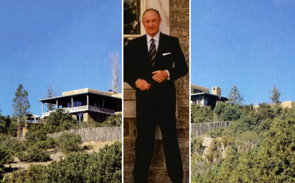 Gene Hackman pictured with his Santa Fe, New Mexico home on a scenic hillside