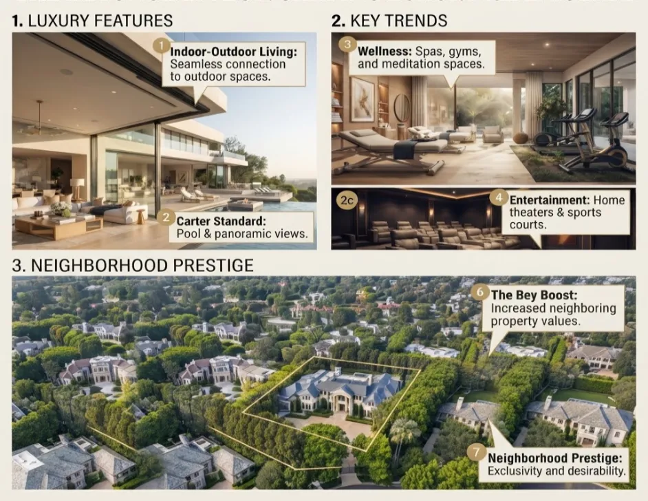 Illustrative graphic of luxury home features such as indoor-outdoor living, wellness rooms and home theaters