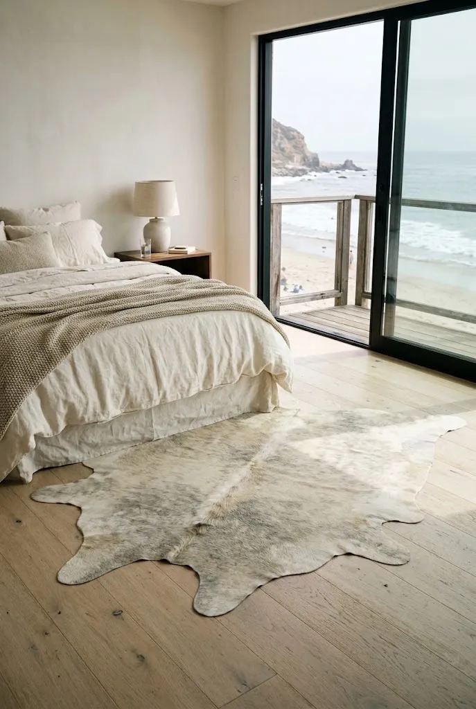 A serene Malibu beachfront bedroom with a muted gray and cream palette, natural textures, and soft coastal daylight. A natural cowhide rug in cream and gray patches lies beside the bed on a pale wood floor, with window light streaming across.