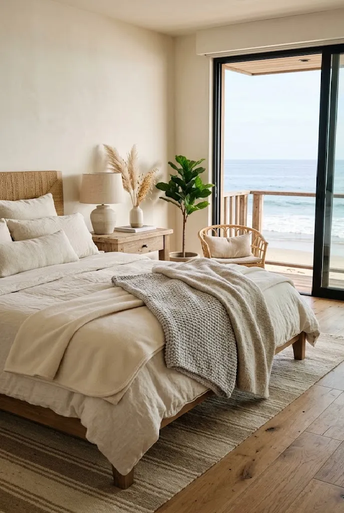 A serene Malibu beachfront bedroom featuring a bed layered with cream and gray linen bedding and three distinct throw blankets in cream fleece, light gray chunky knit, and oatmeal soft wool, all folded loosely across the foot. The ocean is visible through a large window under soft daylight.