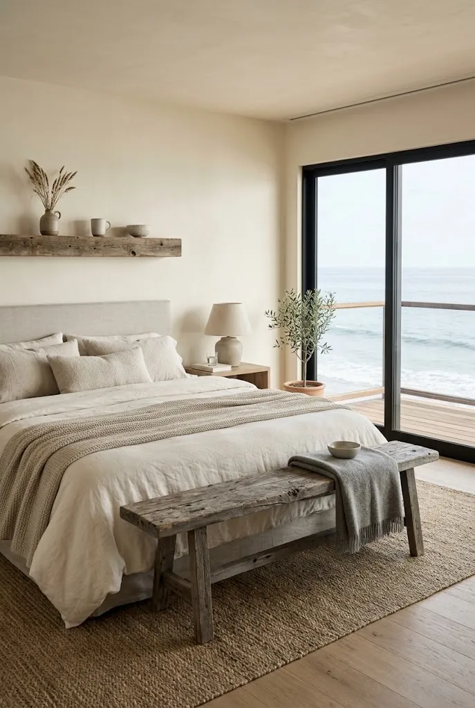 A serene Malibu beachfront bedroom featuring a cream-bedded bed, a rustic weathered gray-brown reclaimed wood bench at the foot, and a reclaimed wood floating shelf with ceramic objects, all bathed in soft coastal daylight.