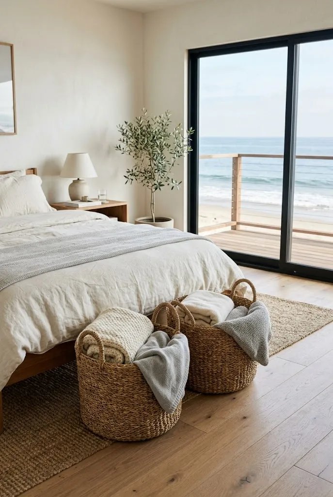 A serene Malibu beachfront bedroom with a bed in cream and gray linens, and two large woven seagrass baskets at the foot holding folded blankets.