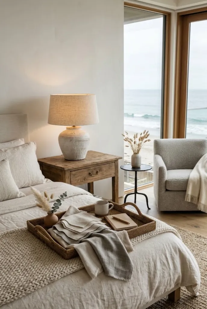 A photorealistic interior view of a bedside table in a calm Malibu beachfront bedroom, featuring a styled tray holding cream and gray fabric swatches next to a ceramic table lamp, an armchair, and a small side table, all within a muted palette.