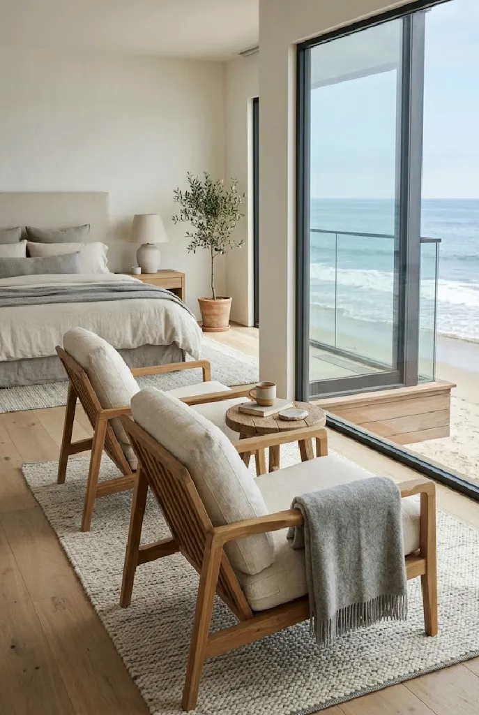 A peaceful Malibu beachfront bedroom featuring two wooden low lounge chairs with cream cushions angled toward a floor-to-ceiling glass window with an ocean view, a small round wooden table between them, and a soft gray throw blanket draped over one chair.
