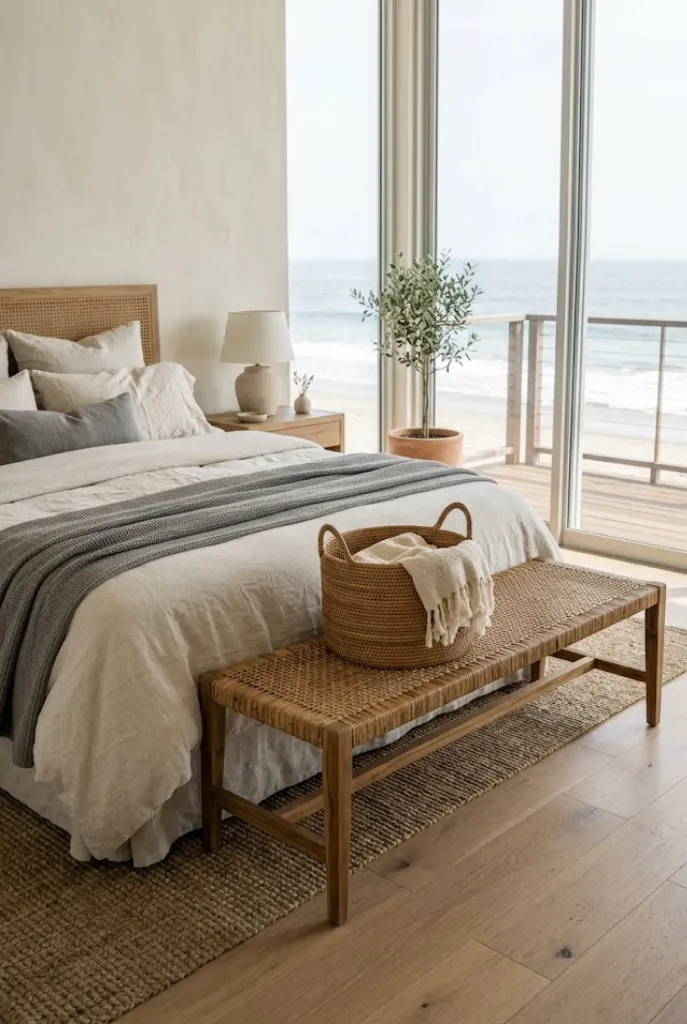 A tranquil Malibu beachfront bedroom featuring a cream and gray bed, a woven wood bench at the foot holding a woven basket, and floor-to-ceiling windows overlooking the ocean.